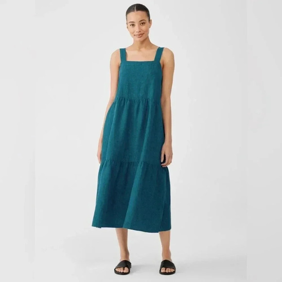Eileen Fisher Washed Organic Linen Delave Tiered Dress NWT - Picture 1 of 13